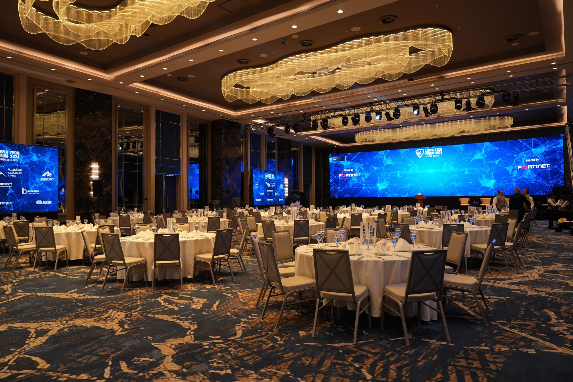 Empty ballroom set for a gala dinner